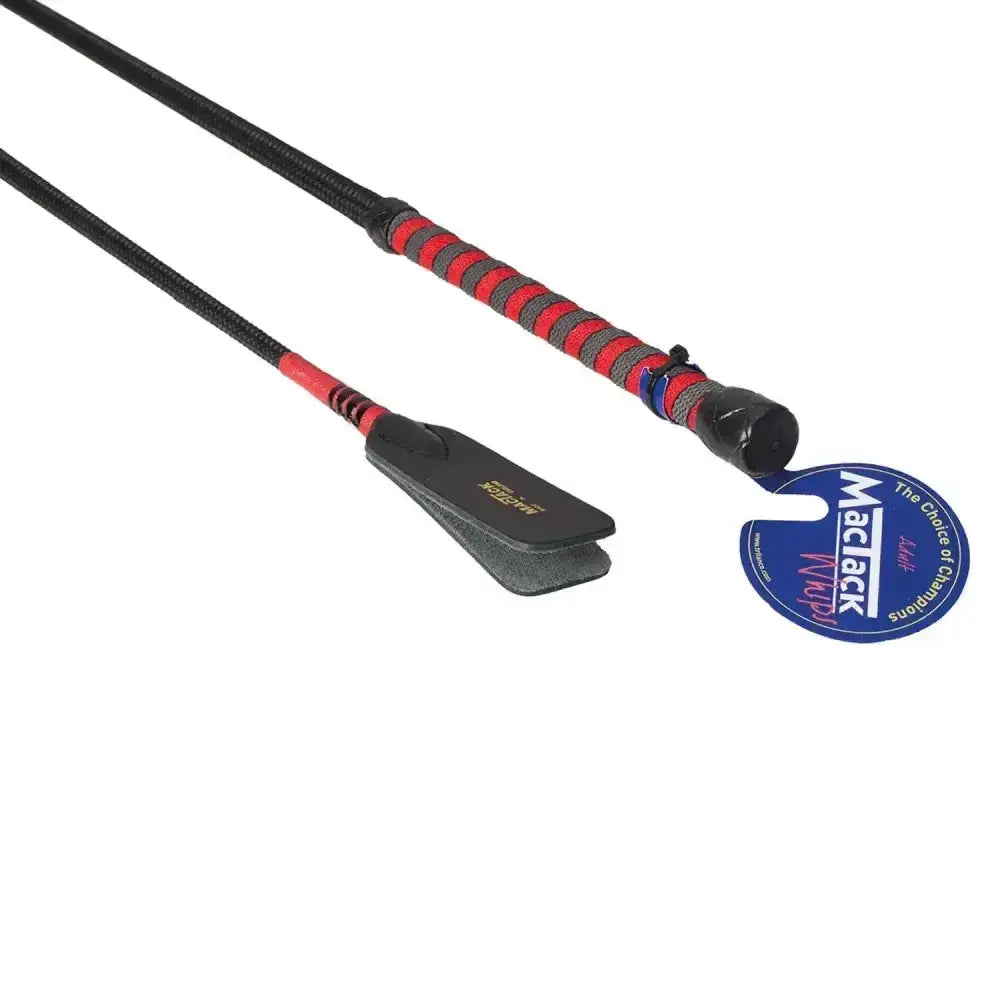 Mactack riding whip with black leather head black braided grip and black red striped handle from keeper s55 whip no31