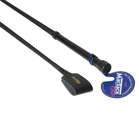 Black maclack mactack riding whip r103 with textured grip and padded head and brown woven stock detail