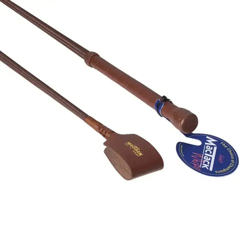 Brown leather mactack riding whip r103 with textured grip and branded tag ideal for riding use