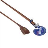Brown braided leather mactack riding whip with polished metal tip and no6 keeper s34 tag for s34 riding dressage