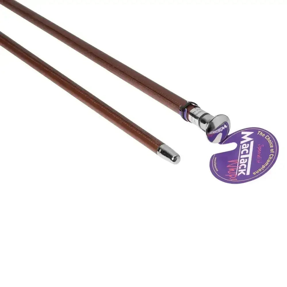 Brown wooden mactack show cane c12 with polished chrome nickel mushroom cap and black textured hide handle tag visible