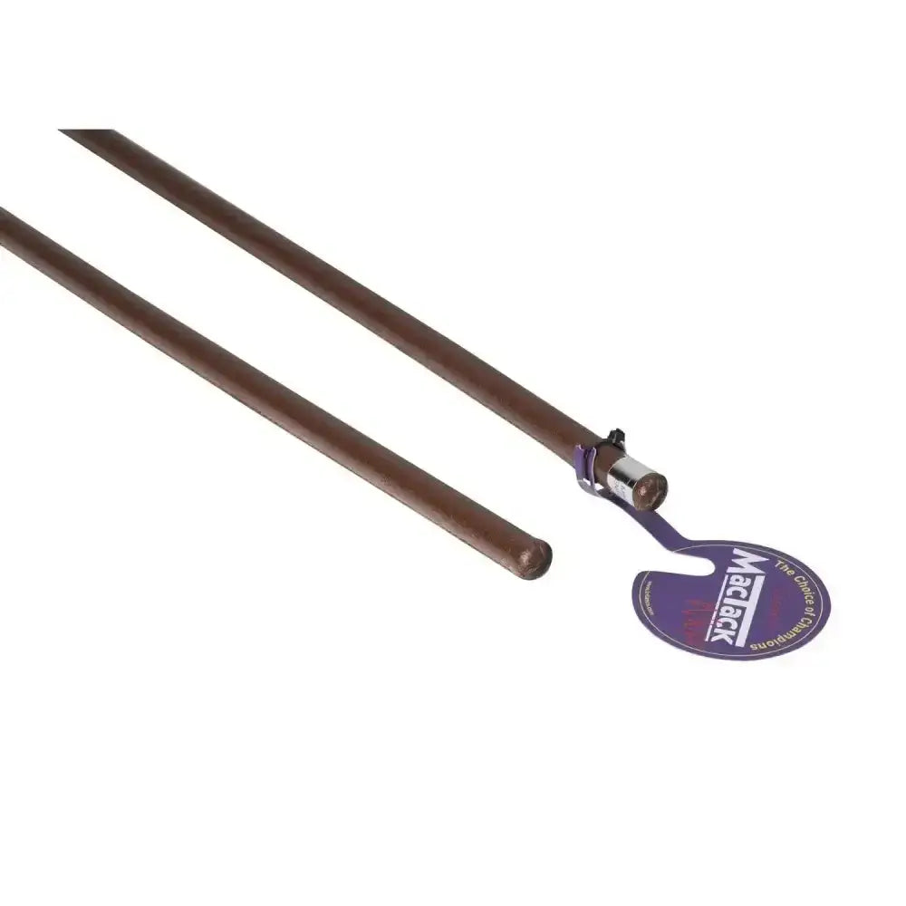 Brown wooden curtain pole with metallic connector and purple mactack show cane tag hiding covered black cane