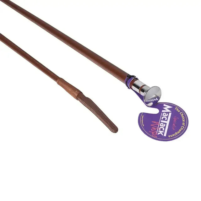 Brown leather covered mactack show whip C20M with metal mushroom cap and silver-tipped handle and purple tag