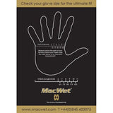 Black glove size chart with white hand outline and scale for macwet climatec sports gloves long cuff sizing guide