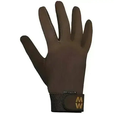 Black macwet climatec long cuff gloves with textured palm and gold mw logo on wrist strap for sports use