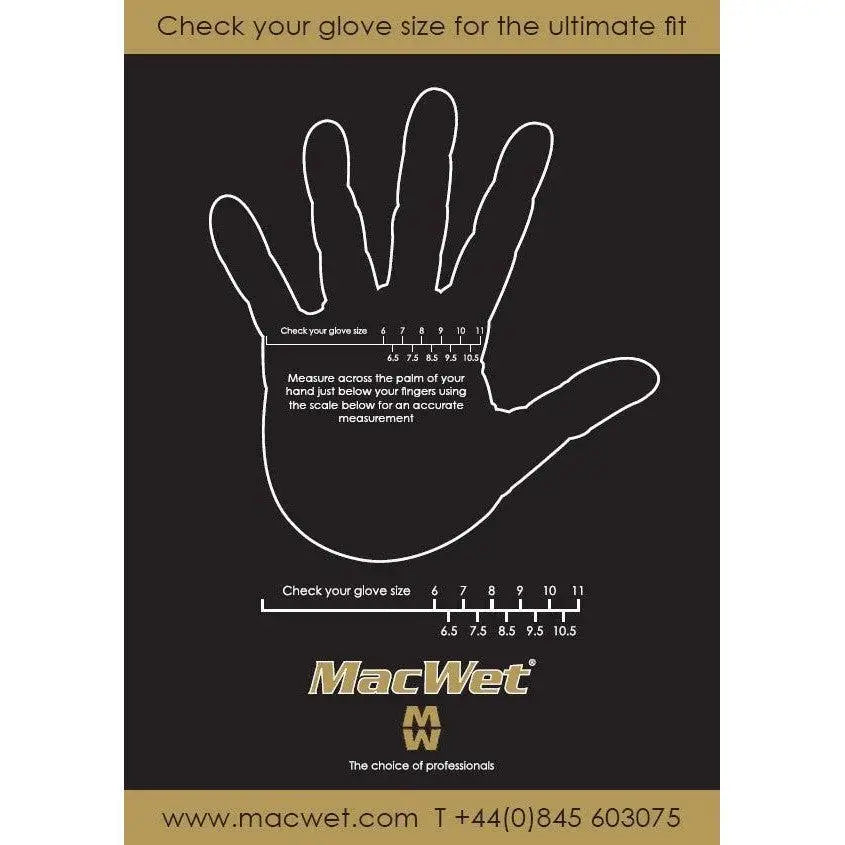 Black glove size chart with white hand outline and scale for macwet riding gloves micromesh short cuff sizing guide