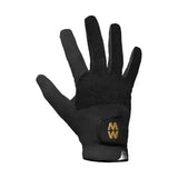 Black macwet riding gloves micromesh short cuff with textured palm and gold mw logo on wrist strap