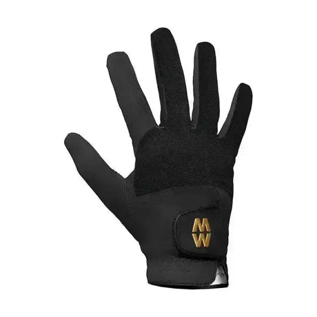 Black macwet riding gloves micromesh short cuff with textured palm and gold mw logo on wrist strap