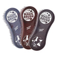Three magic brush pack horse brushes with sleek recycled plastic handles and dark blue brown and black bristles for grooming