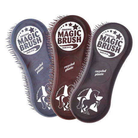Three magic brush pack horse brushes with sleek recycled plastic handles and dark blue brown and black bristles for grooming