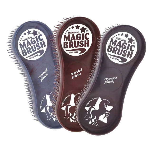 Three magic brush pack horse brushes with sleek recycled plastic handles and dark blue brown and black bristles for grooming