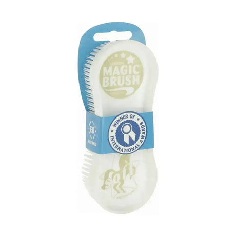 White plastic magic brush with soft horse hair bristles and blue label for virtually indestructible horse grooming