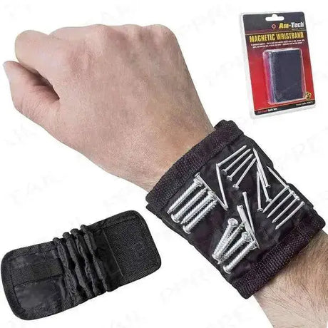Black magnetic stud wrist holder with silver screws worn on hand next to packaging for horse tack accessories use