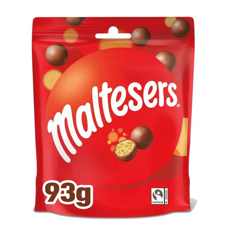 Red resealable maltesers pouch with glossy finish and white branding showing round chocolate biscuits for tack shop use