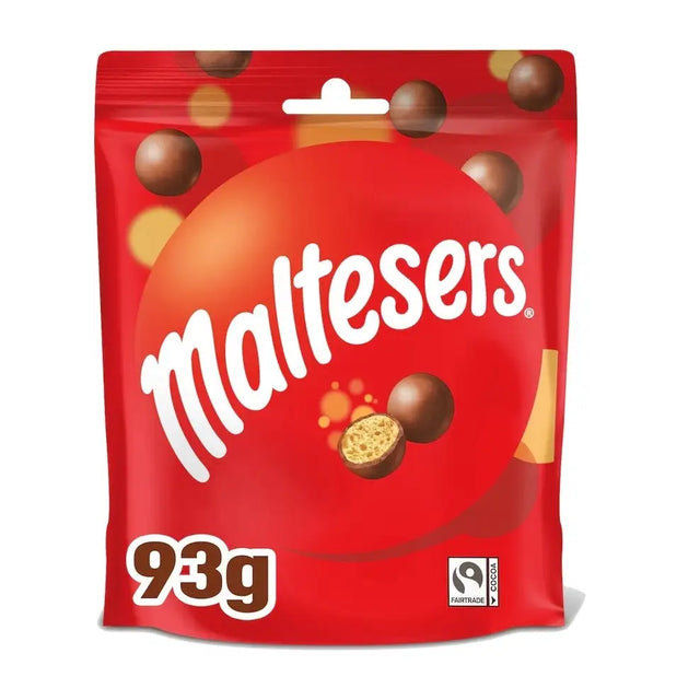 Red resealable maltesers pouch with glossy finish and white branding showing round chocolate biscuits for tack shop use