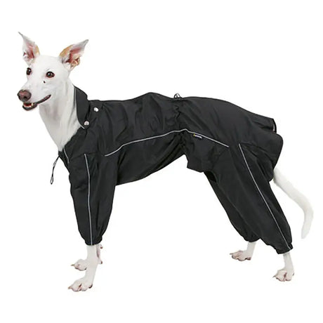 Black waterproof manchester raincoat for dogs with white stitching and adjustable cuffs perfect for equestrian use