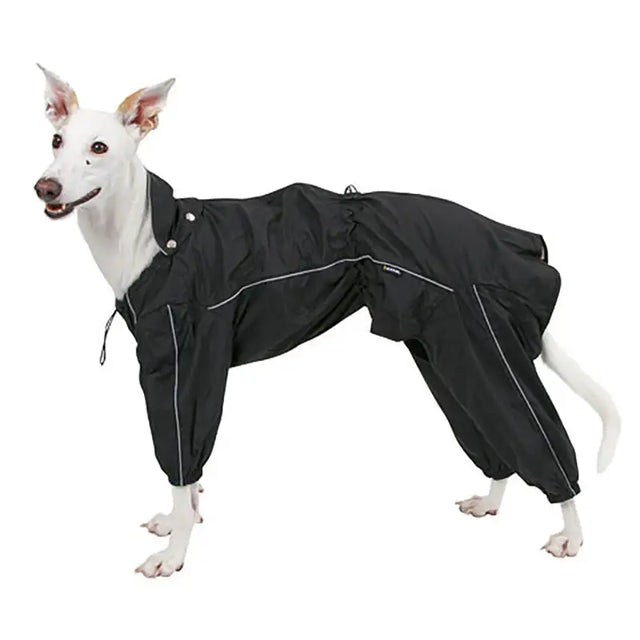 Black waterproof manchester raincoat for dogs with white stitching and adjustable cuffs perfect for equestrian use
