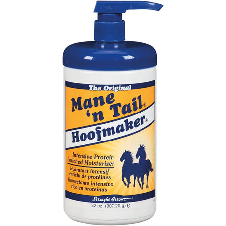 Blue and white mane n tail pump bottle of tail hoofmaker protein-enriched moisturizer for flexible hooves