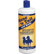 A white plastic bottle with blue cap and yellow label of mane n tail shampoo featuring rich fragrant lather for horse hair care