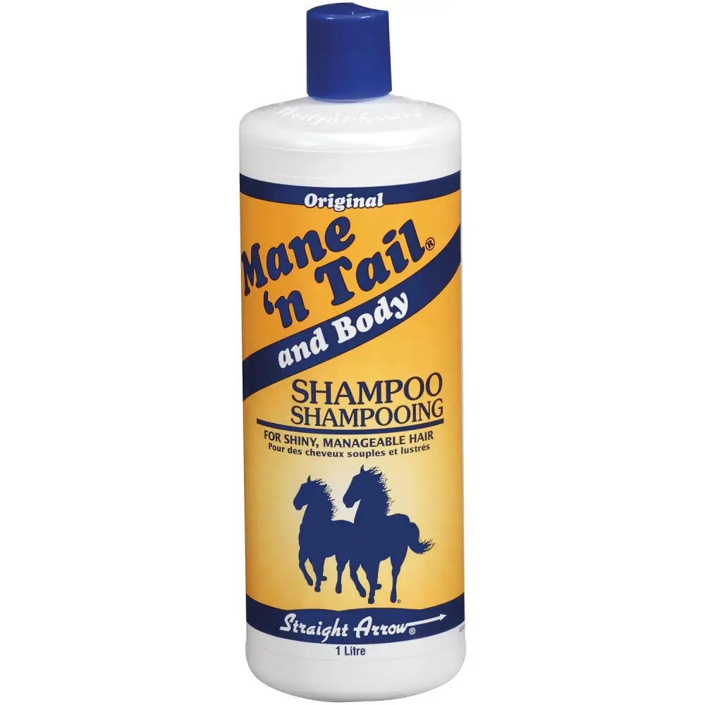 A white plastic bottle with blue cap and yellow label of mane n tail shampoo featuring rich fragrant lather for horse hair care