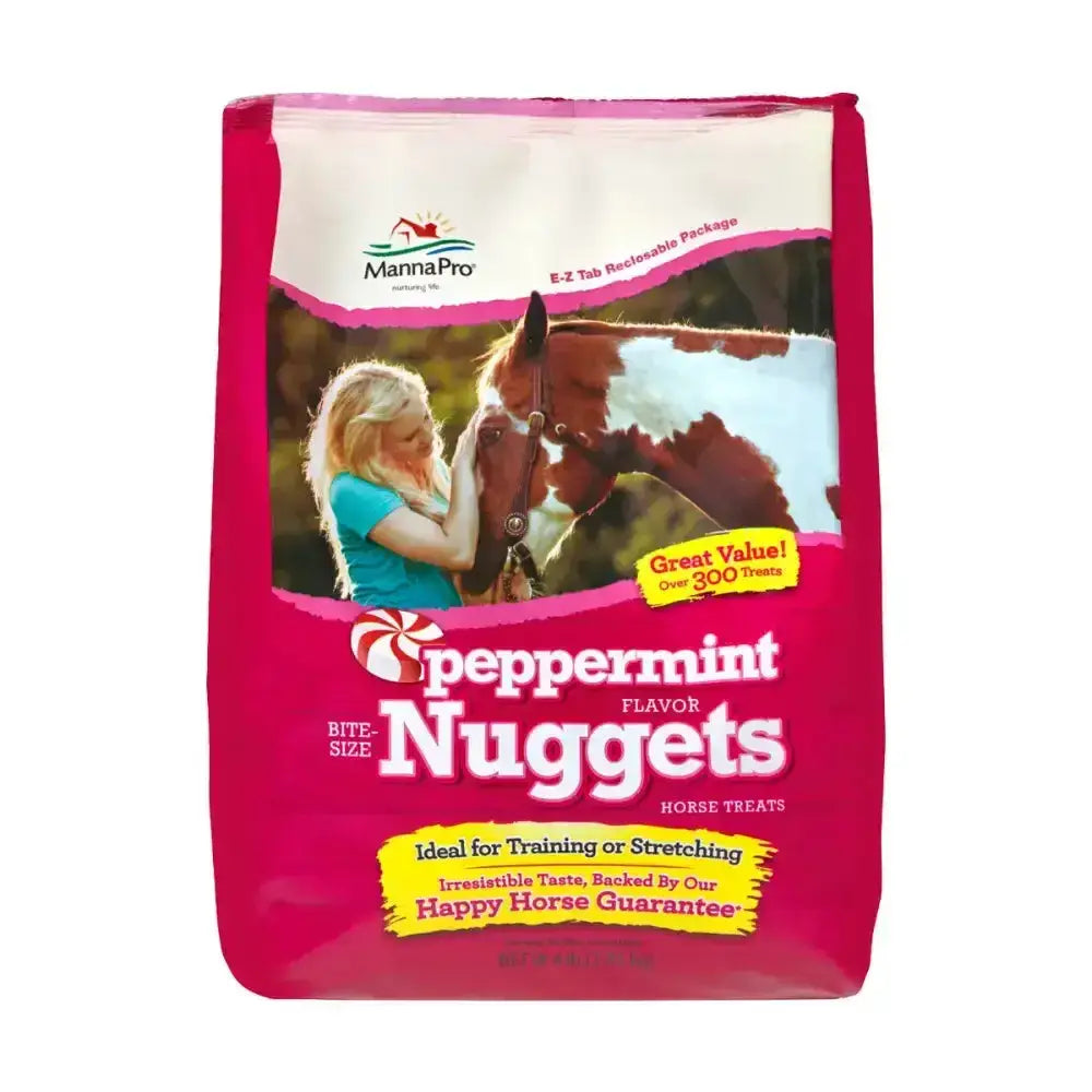 Manna pro bite size nuggets peppermint flavor horse treats in a vibrant pink resealable bag