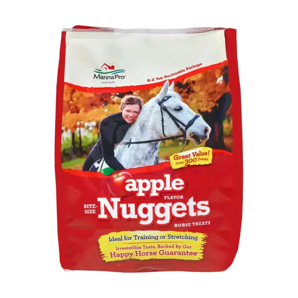 Red and white package of manna pro bite size nuggets apple flavor horse treats in bite sized nuggets form