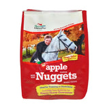 Red and white package of manna pro bite size nuggets apple flavor horse treats in bite sized nuggets form