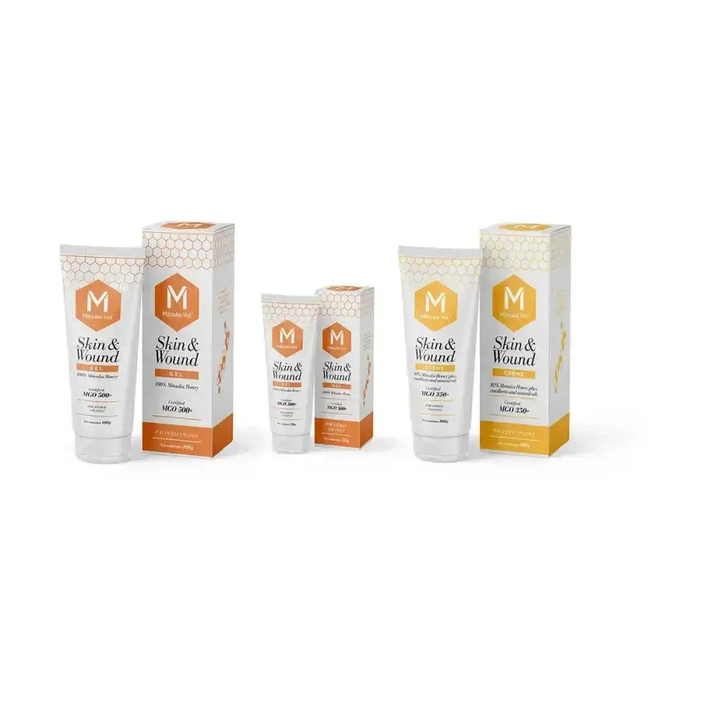 White and orange tube of manuka vet skin wound gel with honeycomb design for treating skin abrasions and wounds
