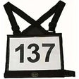 Black fabric mark todd competitor number bib with adjustable straps and bold white number 137 printed in black font