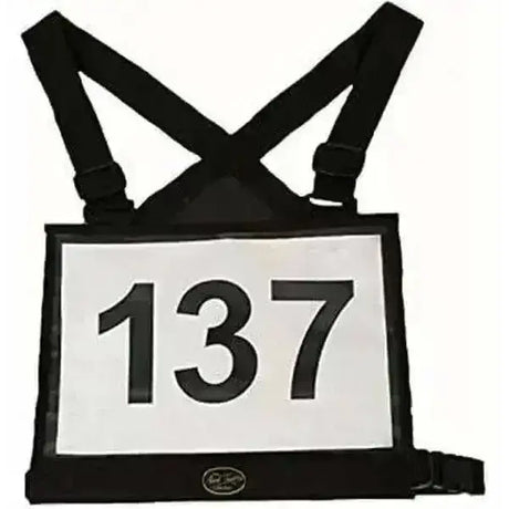 Black fabric mark todd competitor number bib with adjustable straps and bold white number 137 printed in black font