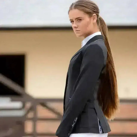 Black tailored blazer with white trim and subtle sleeve logo from mark todd ladies italian designed tailored soft shell technical jacket