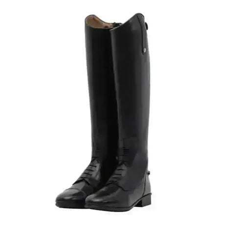 Mark todd long leather black riding boots with glossy finish and classic lace-up design for field use