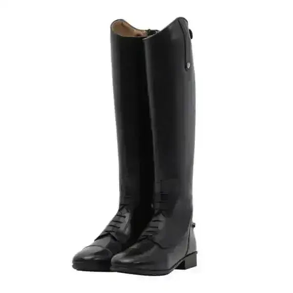 Mark todd long leather black riding boots with glossy finish and classic lace-up design for field use