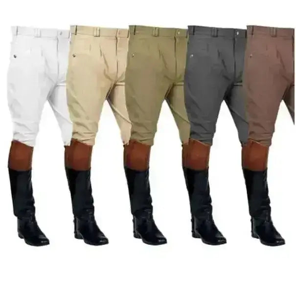 Five pairs of mark todd performance breeches in white beige khaki gray and brown with tan knee patches and black boots