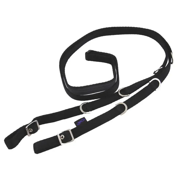 Black fabric harness with silver dee rings and buckles made from 19mm soft webbing for pony 110cm reins only