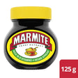 A black glass marmite jar with a bright yellow lid and label featuring bold red letters and the iconic pot design