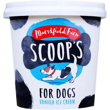 Marshfield farm scoop doggie ice cream in a cow-print tub with clotted cream vanilla flavor and cartoon dog on label