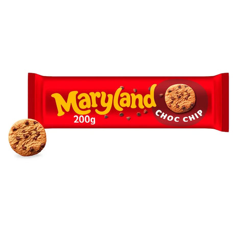 Red maryland choc chip cookie pack 200g featuring classic choc chip cookies perfect for snacking and sharing