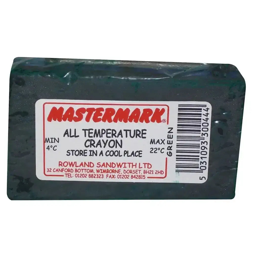 Green mastermark all temperature ram crayon in dark green wrapper with red and white labeling for crayons blended wax use