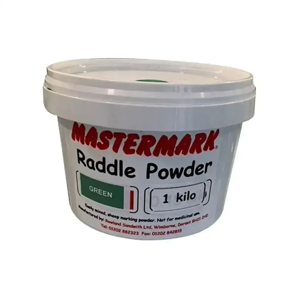 Mastermark raddle powder in a white plastic tub green powder for efficient mixed sheep marking 1 kilo size