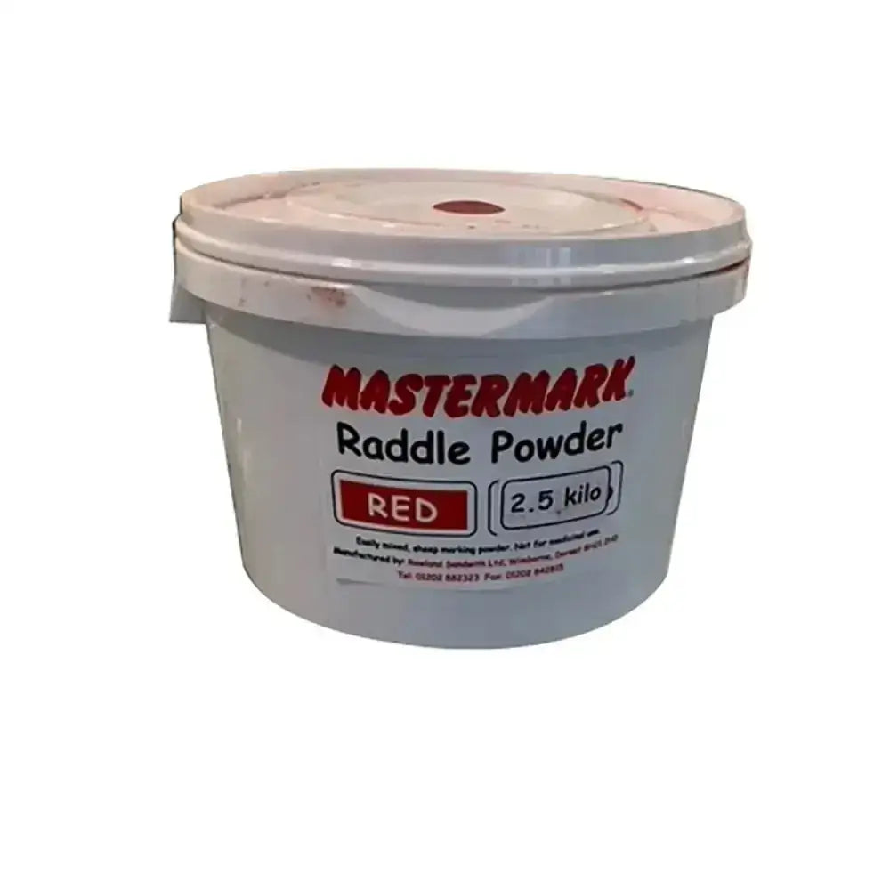White plastic container of mastermark raddle powder red 2.5 kilo for efficient mixed sheep marking use