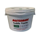 White plastic container of mastermark raddle powder green 2.5 kilo for mixed sheep marking and raddle powder efficient use