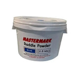 White plastic container of mastermark raddle powder in blue 2.5 kilo for mixed sheep marking and raddle powder efficient use