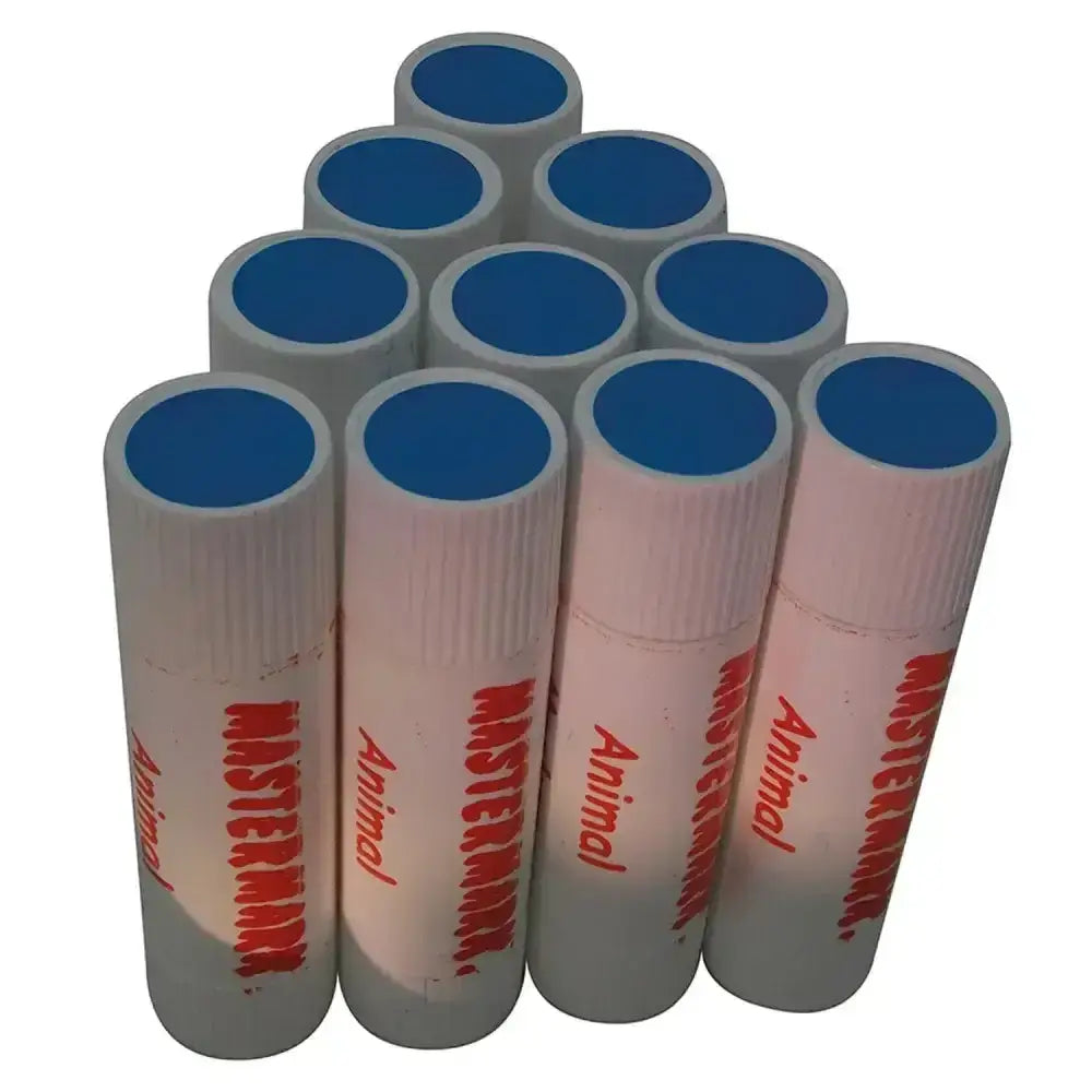 White cylindrical mastermark wax markers with blue caps and red mastermark animal branding for easy marking