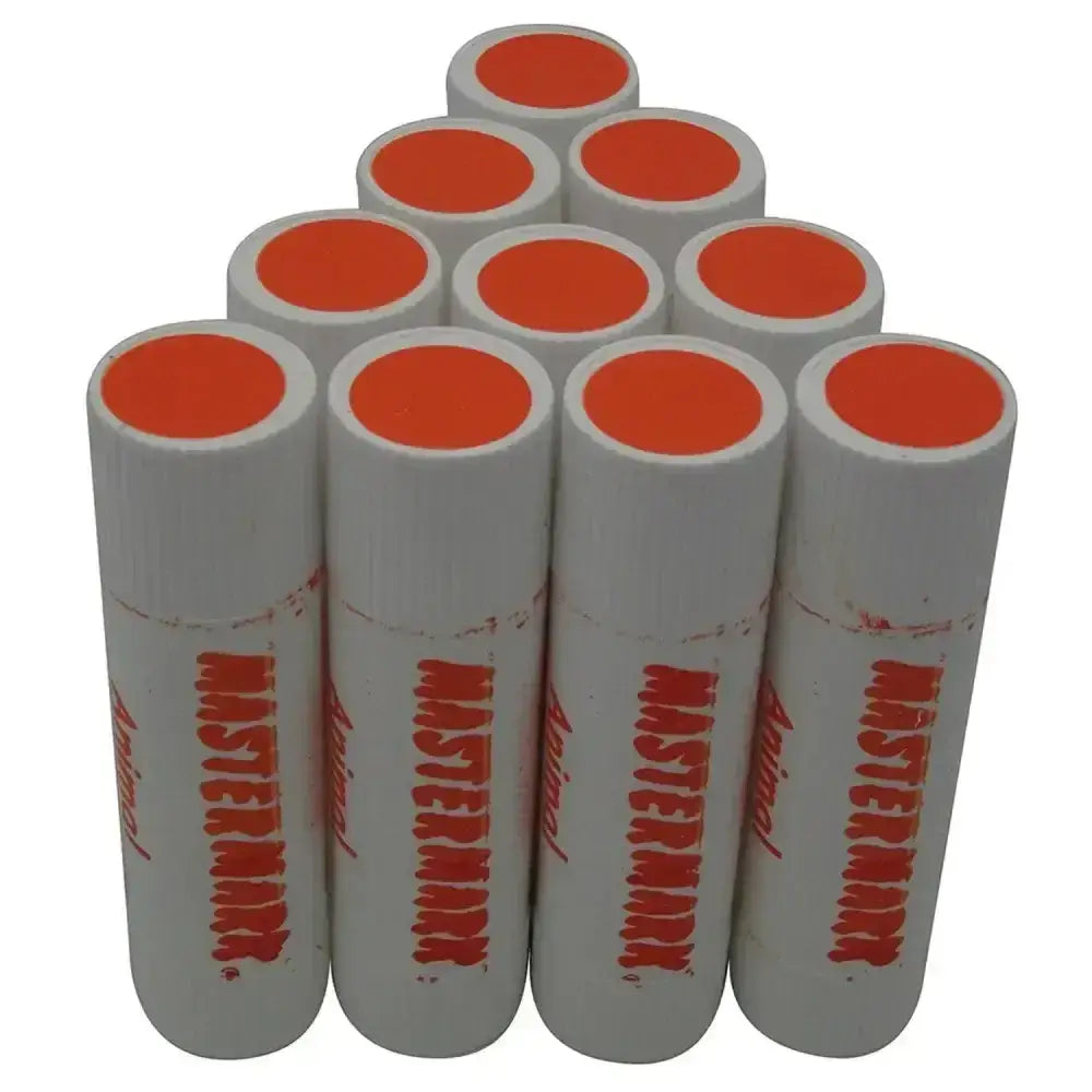 White cylindrical mastermark wax markers with orange caps feature twist base for easy use as wax-based animal markers