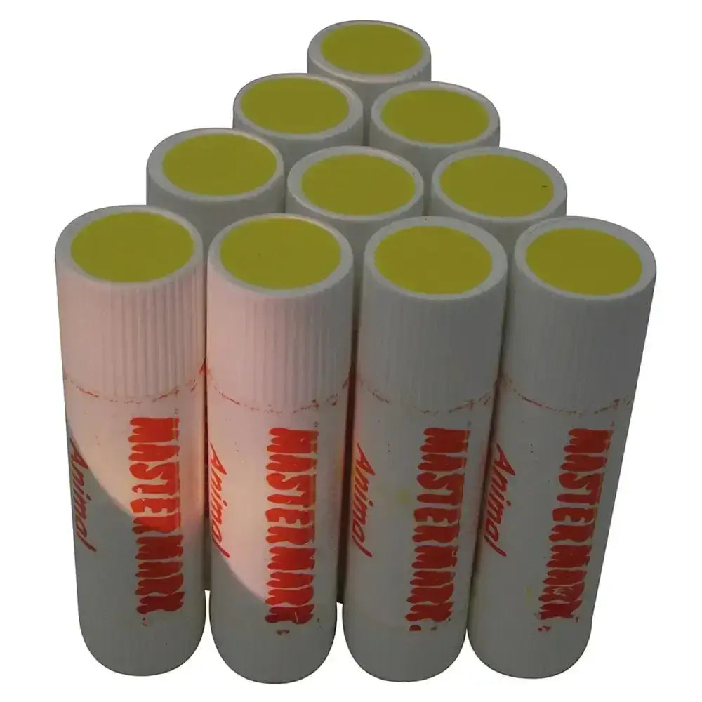White cylindrical white mastermark wax markers twist base glue sticks with yellow caps and red branding for animal use