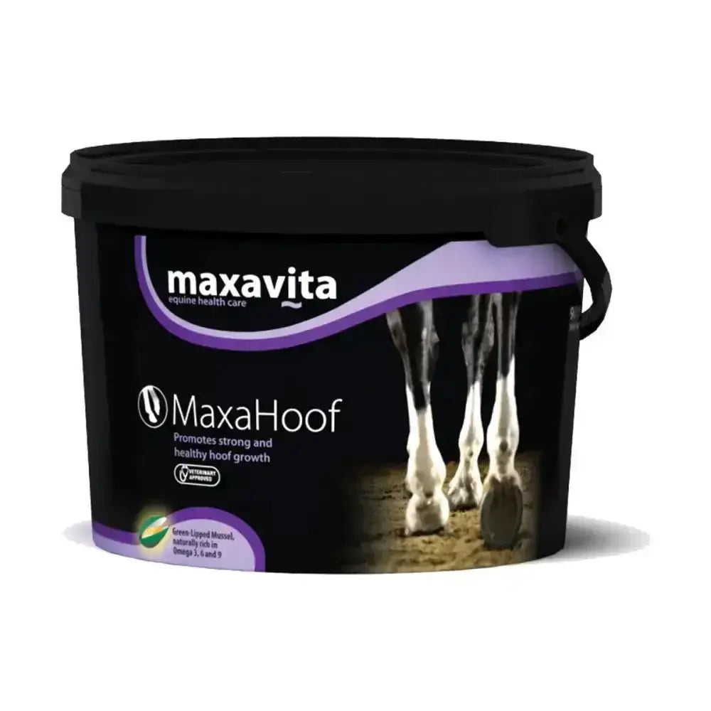 Black plastic bucket with purple accents and handle labeled maxahoof by maxavita for long term hoof health horse hoof supplements