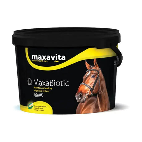 Black plastic bucket with yellow maxavita maxabiotic label showing a brown horse for horse digestive gut balancers