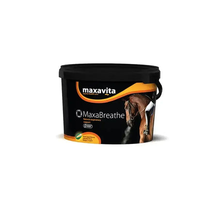 Black plastic tub with orange and white branding for maxavita maxabreathe horse health supplement for equestrian use