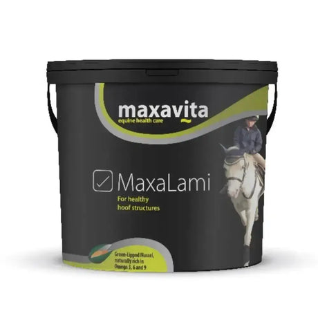 Black plastic bucket with green and white maxavita maxalami label for healthy horse hoof care in equestrian use